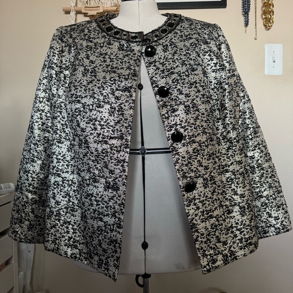 Nipon Boutique Vintage Blazer Jacket 20W Silver Black Glitter Jeweled Collar - Picture 1 of 8